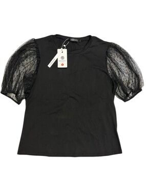 MEROKEETY Black Puff Sleeve Top Sheer Mesh Polka Dot Size L